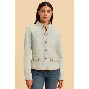 GAP Stretch Denim Jacket L Light Wash Floral Lined Button Front Streetwear 84-22